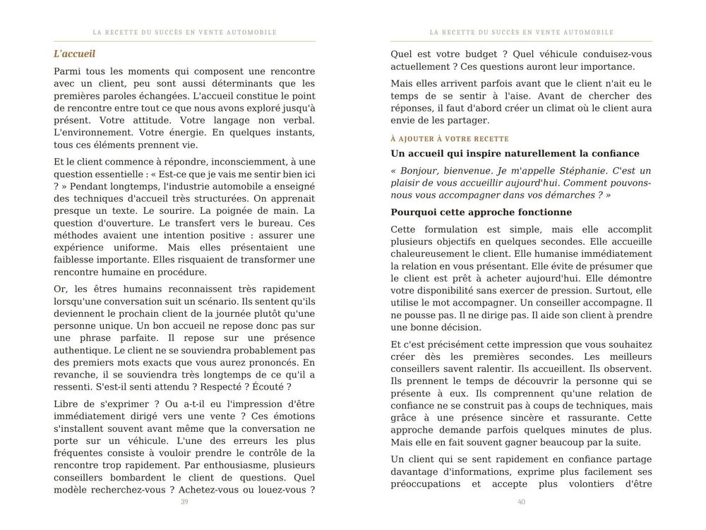 Double-page intérieure du livre La Recette du Succès en Vente Automobile