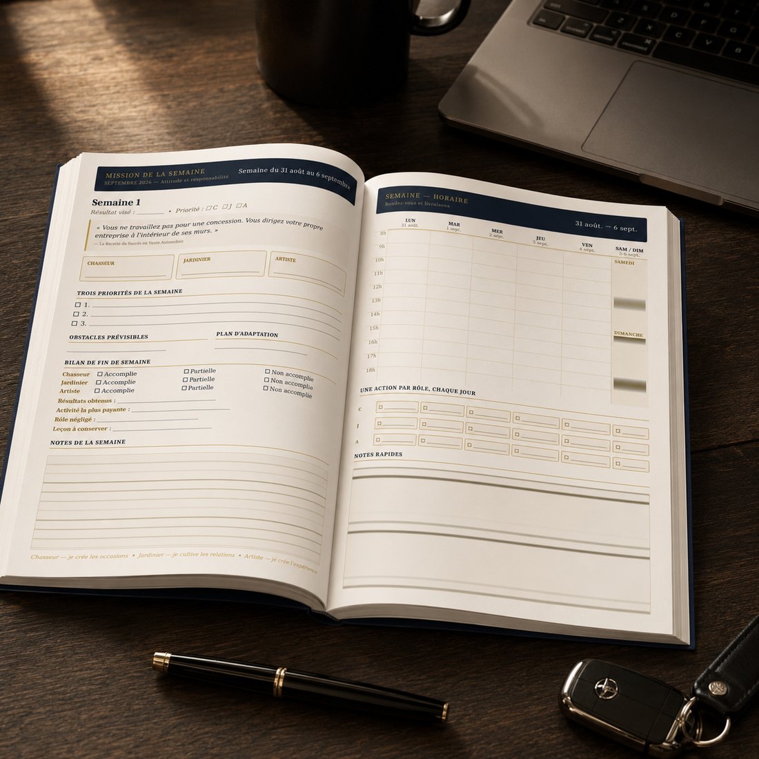 Intérieur du journal de bord : mission de la semaine, priorités, horaire et bilan